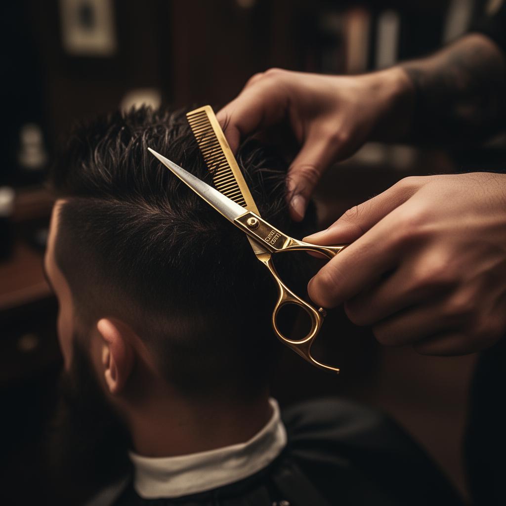 Barber cutting hair with gold scissors